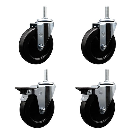 Service Caster 5 Inch Soft Rubber Wheel Swivel 58 Inch Threaded Stem Caster Set 2 Brakes SCC SCC-TS20S514-SRS-58212-2-PLB-2